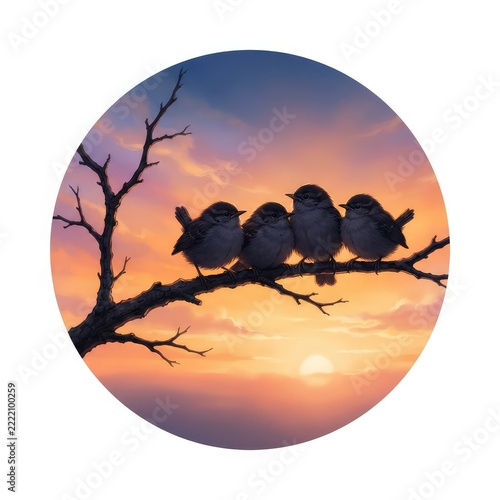 Four Small Birds Perched on a Branch at Colorful Sunset