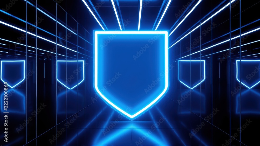 Fototapeta premium Neon shield dominates dark tunnel. Lines converge toward central protective symbol. Futuristic, glowing aesthetic creates depth.