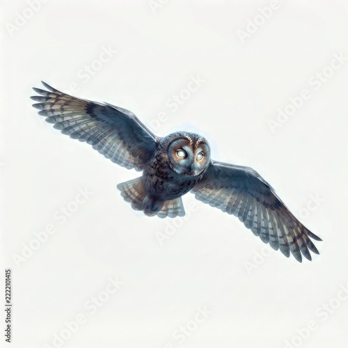 Owl Soaring With Spread Wings and Glowing Eyes on White Background