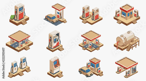 Isometric Collection of Gas Stations and Fuel Pumps for Design Projects