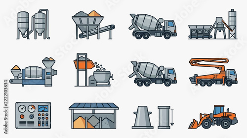 Comprehensive Set of Concrete Mixing and Construction Equipment Icons