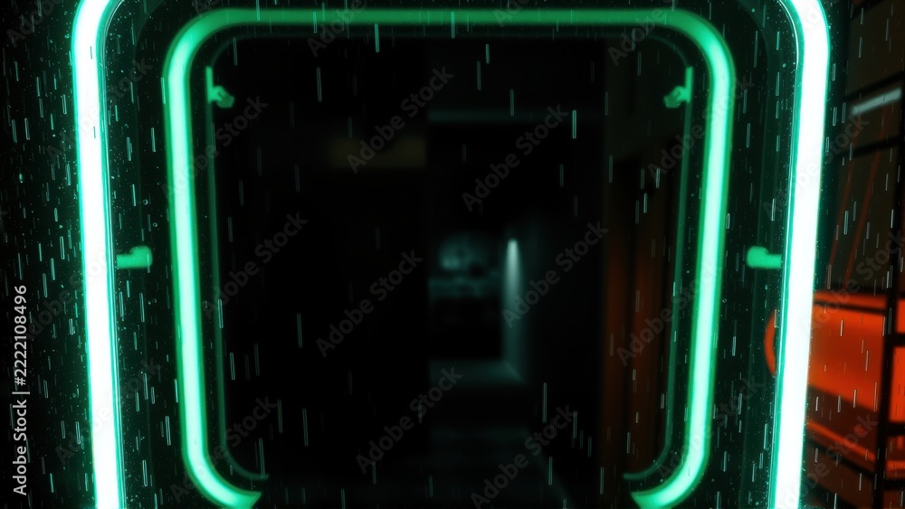 Fototapeta premium Dark corridor framed by glowing green rectangle. Interior appears distant, shadowy. Rain effect visible throughout scene. Minimal lighting creates dramatic mood.