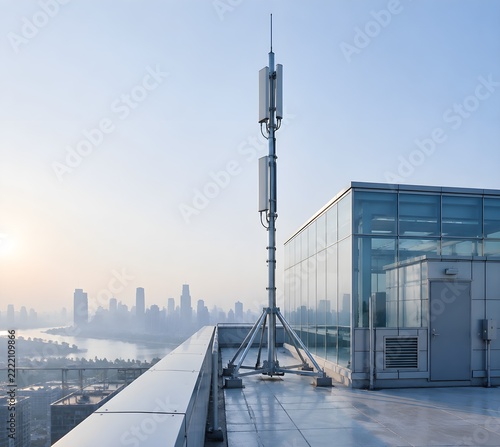 Steel telecommunication mast with panel antennas on building base