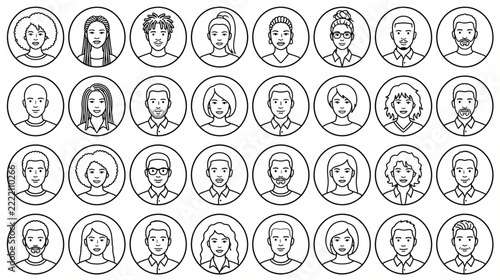 Avatar Icon Set with Diverse Faces, Line Art Style, Minimalist Design. User Profile Illustrations, Vector Graphics
