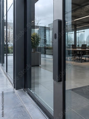 Slim dark smart lock body with blank face plate and oval reader fitted to a frameless glass door