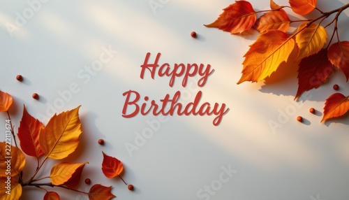 Happy Birthday text with autumn leaves and acorns on a light background.