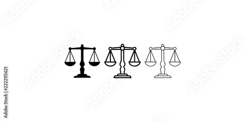 Obraz na plátně Three black outlined and filled justice scales on transparent background