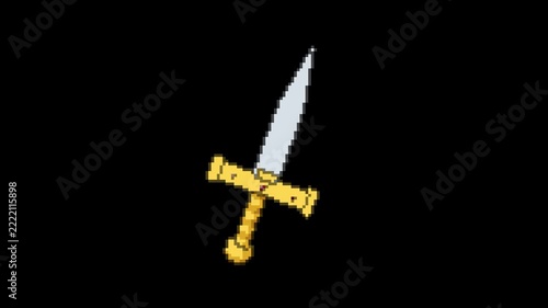 Legendary Pixel Sword Animation. Silver Blade, Golden Hilt and Red Gem in Retro 8-Bit Game Style