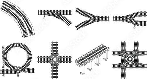 Railway Network Engineering Illustrations with Track Junctions Curved Rails Crossings and Bridges