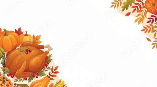 Thanksgiving Roasted Turkey And Autumn Leaves Corner Frame Vector Illustration With Copy Space
