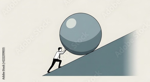 Business figure pushing a large sphere uphill, representing perseverance, effort, determination, and overcoming obstacles