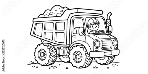 Coloring page for children with a cute dump truck and a driver