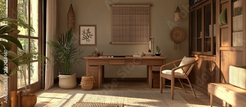Rustic home office with wooden desk and chair woven decor natural