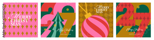 Modern Christmas and New Year 2027 card collection with bold typography, geometric ornaments and festive illustrations. Ideal for branding, packaging, posters, greeting cards and social media, print.