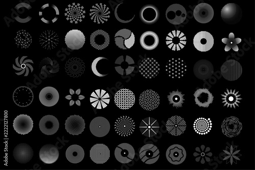 Collection of sixty abstract circular geometric shapes and symbols in black and white featuring radial patterns and modern graphic design elements