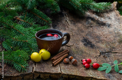Hot herbal tea in ceramic mug with cinnamon, hazelnuts and yellow apples on rustic wooden background with evergreen spruce branches and copy space