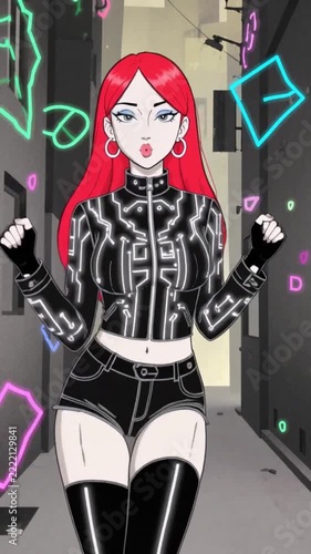 A drawn girl in cyberpunk style dances cutely.