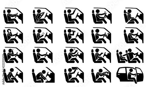 Vector icons of vehicle drivers showing various driving behaviors and safety situations