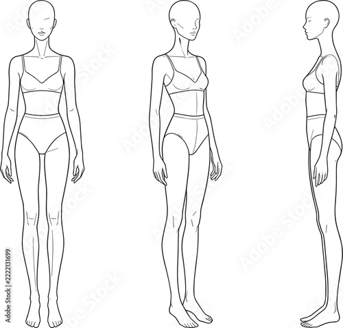 Female fashion croquis body template from front side three quarter angles wearing underwear for clothing designers sketchbook (17 words)