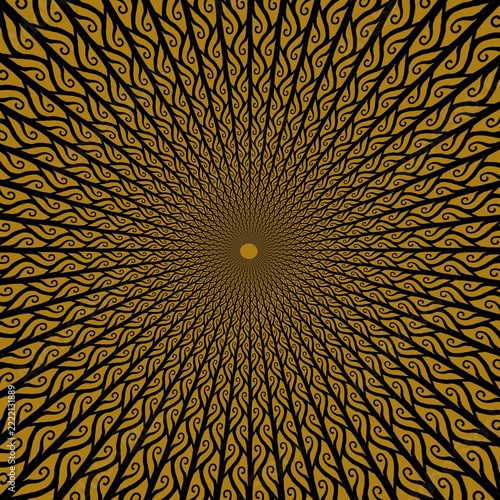 Luxury abstract gold and black geometric pattern with 3D hypnotic golden flame shape repeating wallpaper.