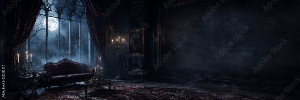 Naklejka premium Victorian gothic living room with moonlit arched window and antique furniture. Halloween haunted house atmosphere. Gothic horror, supernatural mystery and dark interior concept. Copy space