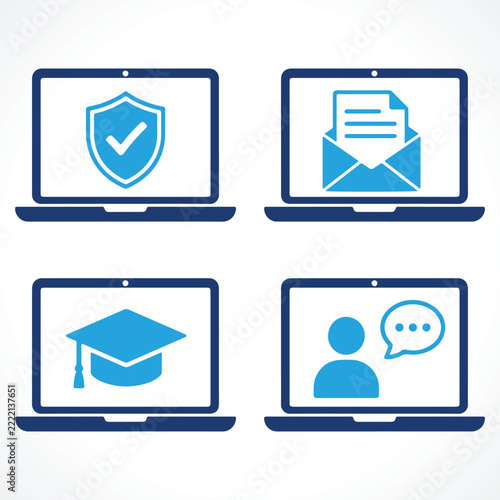 Online Education Laptop Icons Set E-Learning, Cybersecurity, Email and Virtual Communication
