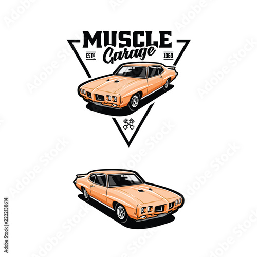 Classic Muscle Car Garage Branding Logo with Retro Racing Emblem, Vintage Typography, and American Automotive Style