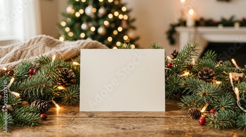 Blank holiday card on wooden table surrounded by pine garland and Christmas tree