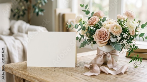 Floral arrangement with roses and eucalyptus in vase on wooden table