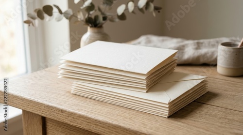 Stack of blank notebooks on wooden table with eucalyptus branches and ceramic mug