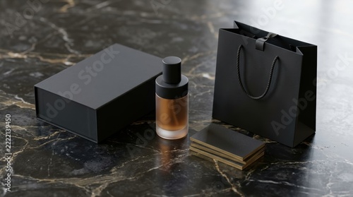 Luxury perfume bottle with black box and shopping bag on marble surface