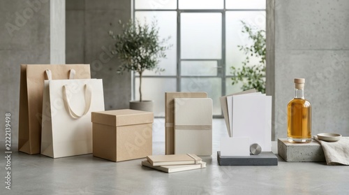 Minimalist modern packaging and gift boxes arranged on a concrete floor near large windows