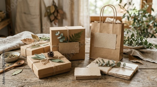 Natural paper-wrapped gifts and shopping bags with greenery on rustic wooden table