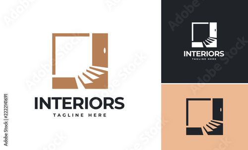 Minimalist open door step with floor logo designs template, Creative buildings house business investment idea designs concept