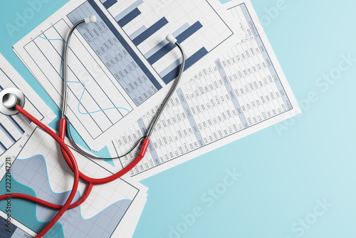 Medical stethoscope over charts, graphs, and health data papers from above, illustrating healthcare analysis, diagnosis, and care. 3D Rendering