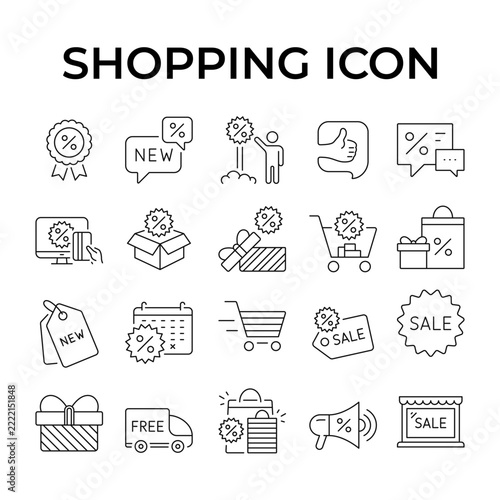 outlined shopping retail icon collection set  featuring sale tags, carts, gift boxes, delivery truck, and promotional labels, perfect for e-commerce and retail design.