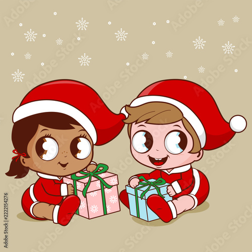 Cute babies in Santa Claus costumes hat hold boxes with Christmas presents. Happy cartoon toddler characters. Children, baby girl and boy First Christmas. Vector illustration