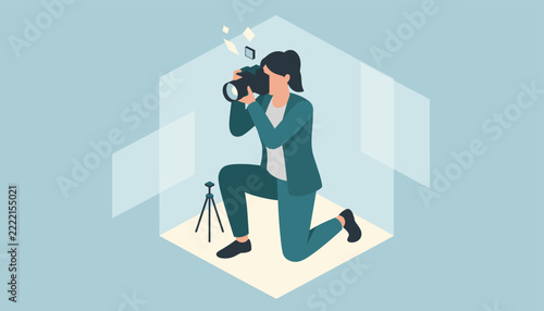 Professional female photographer kneeling and taking a photo with a high quality digital camera in a modern studio environment.