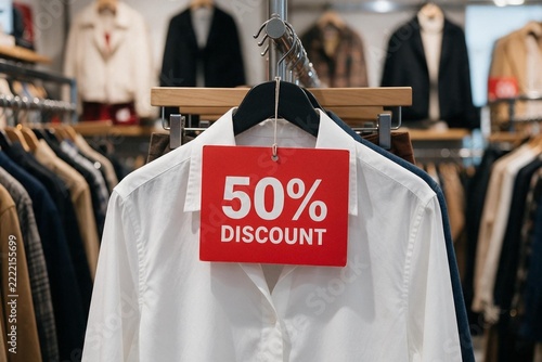 Red color discount sale tag on the shirt in shop