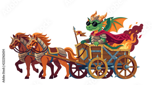Dragon in Chariot Pulled by Horses, Fantasy Art