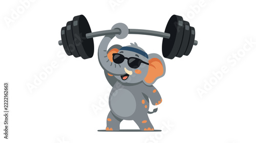 Cartoon elephant lifting weights, fitness concept