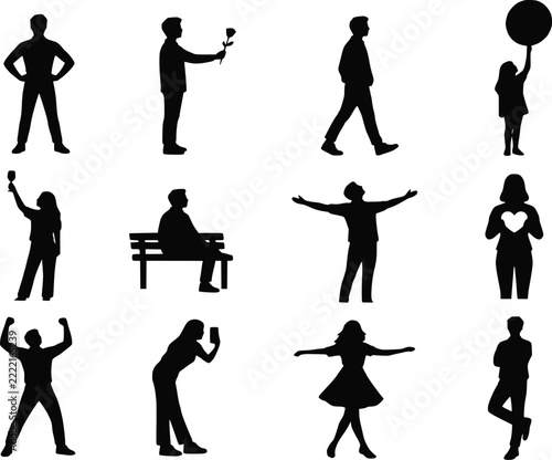 Single and proud people silhouettes vector icon set. Featuring confident pose, holding rose, balloon, toast, sitting on bench, victory, heart, selfie and twirling for Singles Day and independent lifes