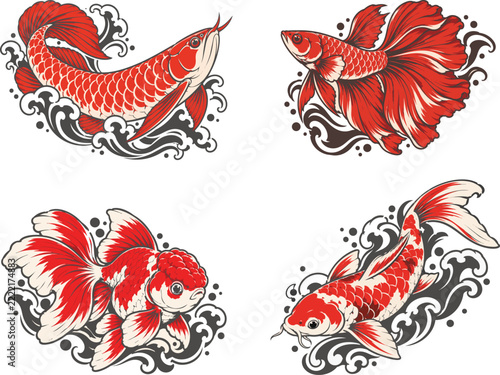 Japanese Tattoo Style Fish Vector Illustration Set are is arowana dragon fish, beta fish, koi fish, koki fish