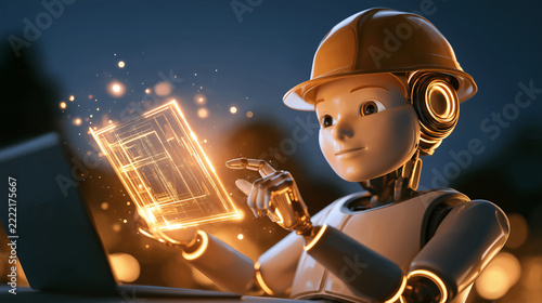 Robot Architect Interacting with Holographic Blueprint: A friendly robot wearing a hard hat interacts with a glowing holographic blueprint, representing the future of construction and design.