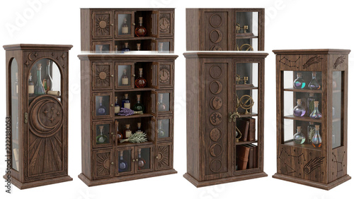Fotografie Four-angle collection of ornate wooden curio cabinets with glass doors and decor
