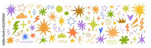 Star shapes, sparks in color, vector doodles, graphic illustration. Doodle kids design elements, stickers. Irregular stars, cute spark and sparkle shapes. Colourful flat vector illustrations set