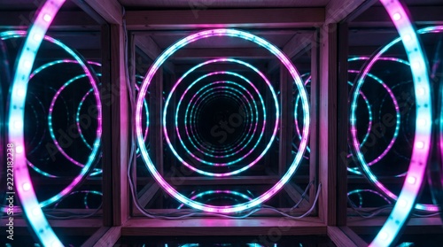 Infinity Mirror Tunnel of Colored LED Lights Receding Endlessly