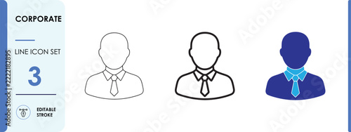 Corporate line icon set with editable stroke showing businessman in suit and tie