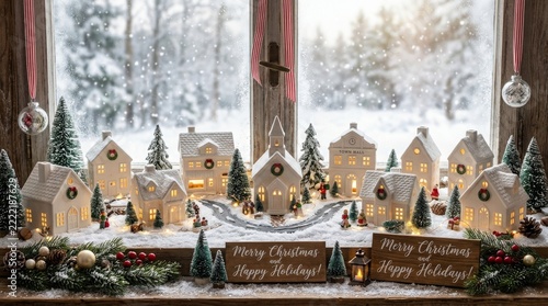Miniature Christmas Village Display on a Windowsill with Snow Covered Houses