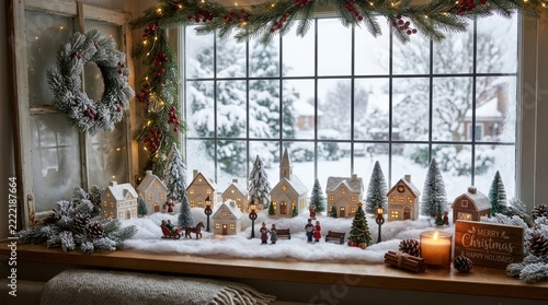 Miniature Christmas Village Display on a Windowsill with Snow Covered Houses